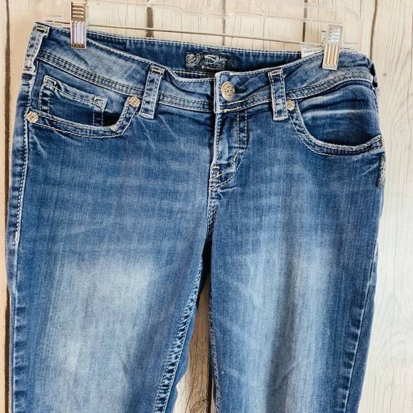 Womens Silver Aiko Rivets Flap Pocket Capri Denim Blue Jeans Sz W 30 L 22 - Picture 2 of 9